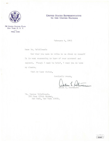Adlai E. Stevenson signed Vintage U.S. Rep United Nations Letterhead (typed) Feb 4, 1965 JSA #EE63457 (Governor/Ambassador)