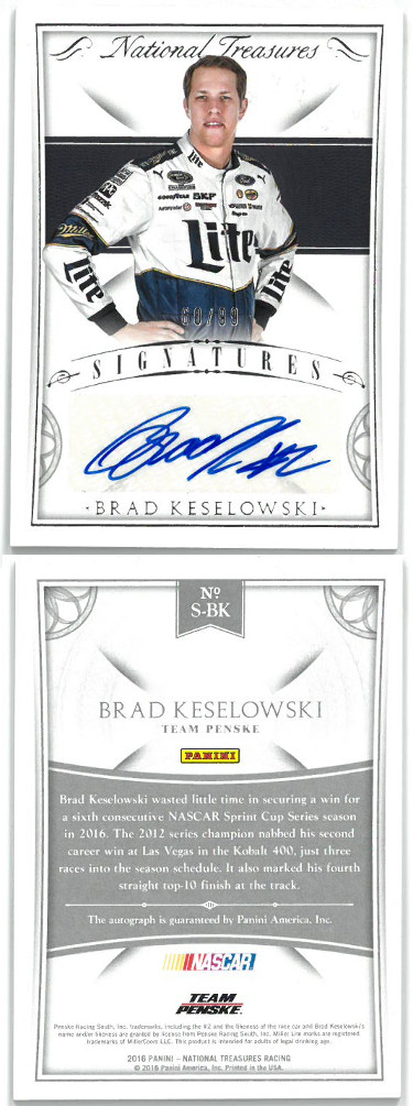 Brad Keselowski signed 2016 Panini National Treasures Racing Card #S-BK- LTD 60/99