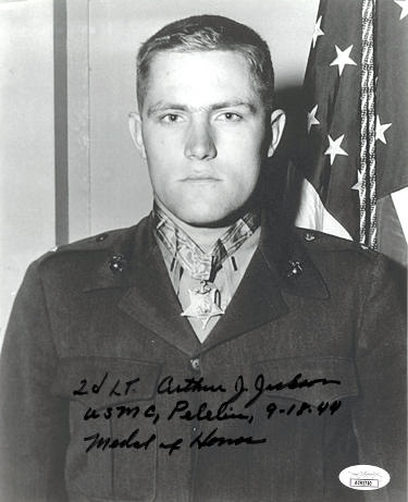 2nd LT. Arthur J. Jackson signed WWII Vintage B&W 8x10 Photo- JSA #AC92740- USMC/Peleliu/9-18-44/Medal of Honor