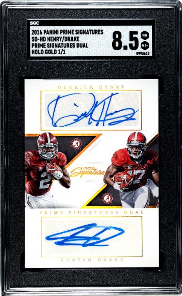 Derrick Henry & Kenyan Drake signed 2016 Panini Prime Signatures Dual Auto Rookie Card (RC) #SD-HD- 1 of 1- SGC Graded 8.5 NM-MT