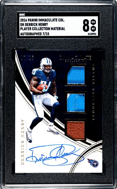 Derrick Henry signed 2016 Panini Immaculate Collection Rookie Triple Patch/On Card Auto (RC) #DH- /15- SGC Graded 8 NM-MT Titans