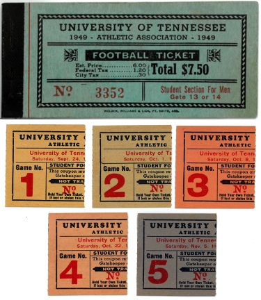 1949 Tennessee Volunteers Shields Watkins Field Football Vintage Student Game Ticket Booklet Cover w/1-5 Ticket Stubs (Sept-Nov)