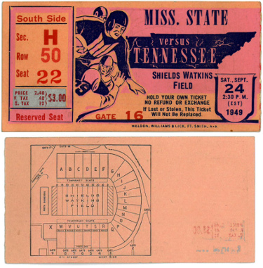 1949 Mississippi State College vs Tennessee Volunteers Scott Field Vintage Football Game Ticket Stub 09/24/49 (Very Rare)