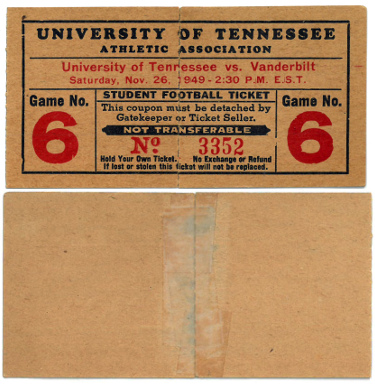 1949 Vanderbilt vs Tennessee Volunteers Shields Watkins Field Vintage Football Full Unused Student Game Ticket  11/26/49 (Rare)