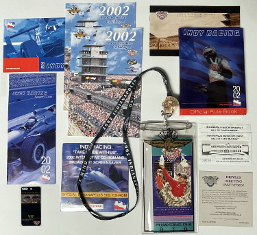 2002 Indy/Indianapolis 500 Pit Road Terrace Ticket Stub/VIP Pass/Lanyard/Pin/CD/Rule Book (Helio Castroneves)