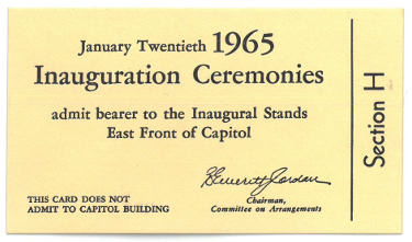 1965 Inaugural Stands - LBJ Johnson & Humphrey Inaugural Ceremonies Ticket (1-20-65) PRISTINE