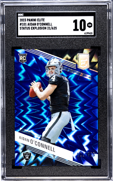 Aidan O'Connell 2023 Panini Elite Status Explosion Rookie Card (RC) #101- /625- SGC Graded 10 Gem Mint (Las Vegas Raiders)