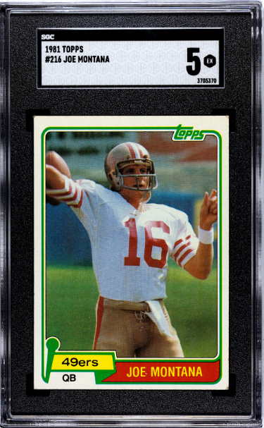 Joe Montana 1981 Topps Rookie Card (RC) #216- SGC Graded 5 EX (San Francisco 49ers/HOF/SB MVP)