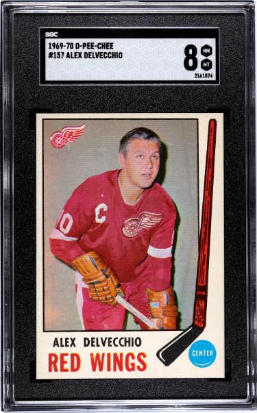 Alex Delvecchio 1969-70 O-Pee-Chee NHL Card #157-SGC Graded 8 NM-MT (Detroit Red Wings/HOF)