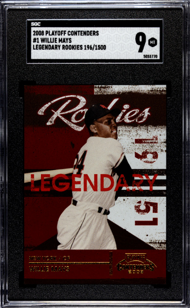 Willie Mays 2008 Playoff Contenders Legendary Rookies Card #1- 196/1500- SGC Graded 9 Mint (New York Giants/Mets/San Francisco G