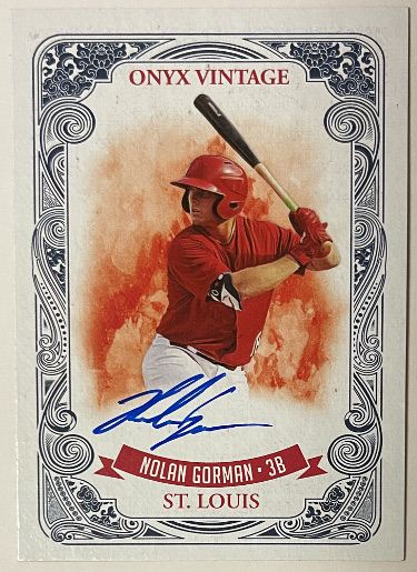 Nolan Gorman signed 2021 Onyx Vintage Blue On Card Rookie Auto #VANG- /325 (St. Louis Cardinals)