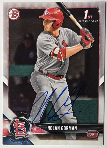 Nolan Gorman signed 2018 1st Bowman Rookie On Card Auto (RC) #BD-117 (St. Louis Cardinals)