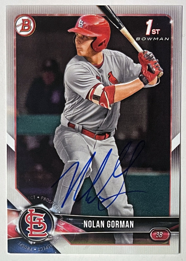 Nolan Gorman signed 2018 1st Bowman Rookie On Card Auto (RC) #BD-117 (St. Louis Cardinals)