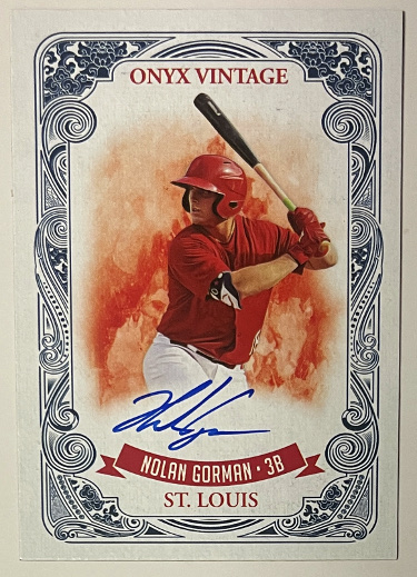 Nolan Gorman signed 2021 Onyx Vintage Blue On Card Rookie Auto #VANG- /325 (St. Louis Cardinals)