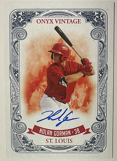 Nolan Gorman signed 2021 Onyx Vintage Blue On Card Rookie Auto #VANG- /325 (St. Louis Cardinals)