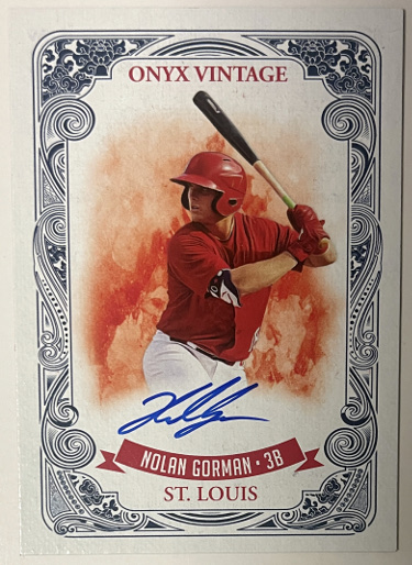 Nolan Gorman signed 2021 Onyx Vintage Blue On Card Rookie Auto #VANG- /325 (St. Louis Cardinals)