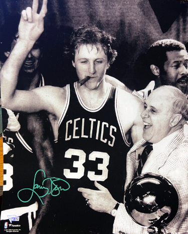 Larry Bird signed Boston Celtics Cigar Celebration B&W NBA Licensed 16X20 Photo- Fanatics Holo (w/NBA Trophy & Red Auerbach)