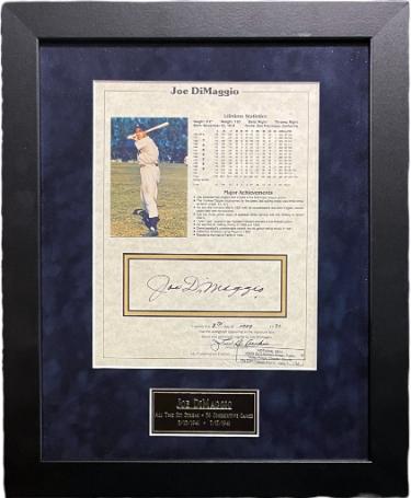 Joe DiMaggio signed New York Yankees Lifetime Statistic Sheet Custom Framing (13x16)- Notarized/COA