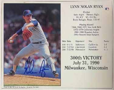 Nolan Ryan signed Texas Rangers 300th Victory MLB Licensed 8x10 Stat Card/Photo- Nolan Ryan Foundation COA (HOF)