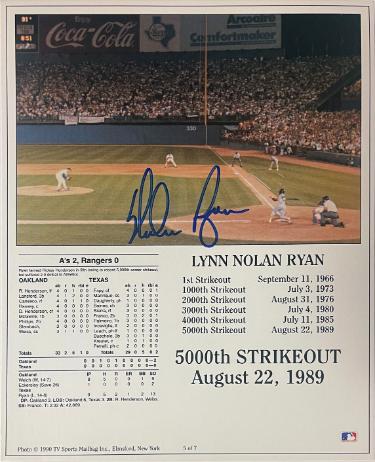 Nolan Ryan signed Texas Rangers 5000th Strikeout MLB 8x10 Stat Card/Photo- Nolan Ryan Foundation COA (HOF)