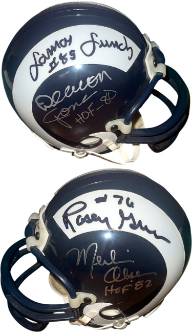 Fearsome Foursome Los Angeles Rams signed Mini Helmet- 4 sigs- Deacon Jones/Merlin Olsen/Rosey Grier/Lamar Lundy- Beckett Review