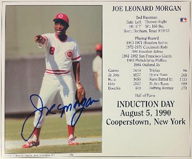 Joe Morgan signed Cincinnati Reds MLB Licensed Hall of Fame Induction Day 8x10 Photo/Card- Tuff Stuff COA (HOF)