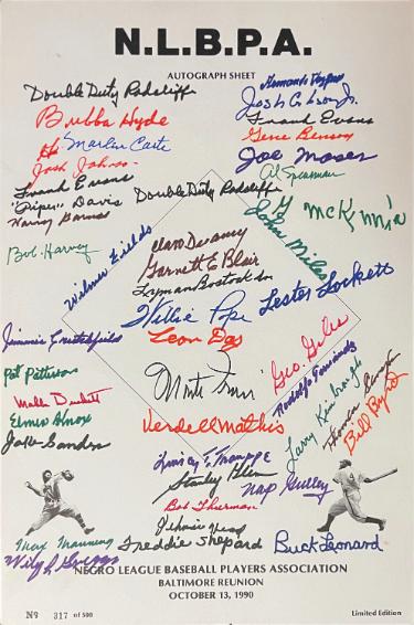 Negro League (N.L.B.P.A) Signed 1990 Reunion 11x17 Poster Sheet 45 Sigs- Beckett Leonard, Radcliff, Fields, Day, Irvin, Pope