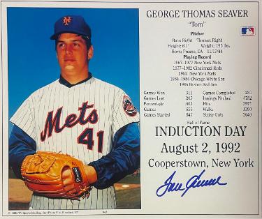 Tom Seaver signed New York Mets MLB Licensed Hall of Fame Induction Day 8x10 Photo/Card imperfect- COA/CSA Show Ticket