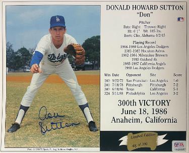 Don Sutton signed Los Angeles Dodgers MLB Licensed 300th Victory June 18, 1986 8x10 Photo/Card- /300- imperfect- PSA