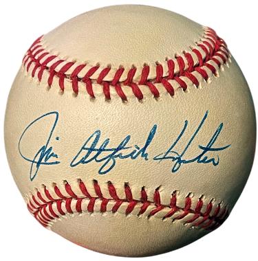 Jim "Catfish" Hunter signed ROAL Rawlings Official American League Baseball imperfect- COA (Oakland A's) Jim "Catfish" Hunter signed ROAL Rawlings Official American League Baseball imperfect- COA (Oakland A's)