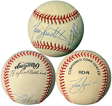 Atlanta Braves signed OFC RONL Baseball 4 sigs- Dave Justice/Terry Pendleton/Radael Belliard/Sid Bream- COA