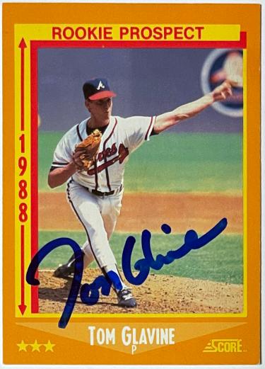 Tom Glavine has hand signed this 1988 Score Rookie On Card Auto (RC) #638 (Atlanta Braves/HOF) Tom Glavine has hand signed this 1988 Score Rookie On Card Auto (RC) #638 (Atlanta Braves/HOF)