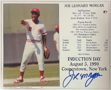 Joe Morgan signed Cincinnati Reds MLB Licensed Hall of Fame Induction Day 8x10 Photo/Card imperfect- Tuff Stuff COA (HOF)