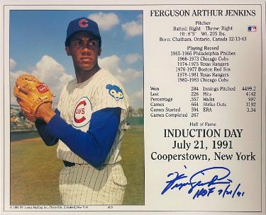 Fergie Jenkins signed Chicago Cubs Hall of Fame Induction 8x10 Photo/Card- COA/Show Ticket