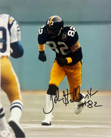 John Stallworth has hand signed this Pittsburgh Steelers NFL Licensed 8x10 Photo #82 imperfect- Tuff Stuff COA (HOF)