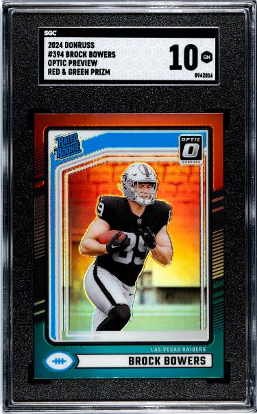 Brock Bowers 2024 Donruss Optic Preview Red & Green Prizm Rookie Card (RC) #394- SGC Graded 10 Gem Mint (Las Vegas Raiders)