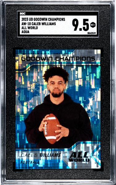 Caleb Williams 2023 Upper Deck Goodwin Champions All World Aqua Rookie Card (RC) #AW-10- SGC Graded 9.5 Mint+ (Chicago Bears)