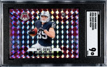 Brock Bowers 2024 Panini Mosaic Pink Camo Prizm Rookie Card (RC) #286- SGC Graded 9 Mint (Las Vegas Raiders)