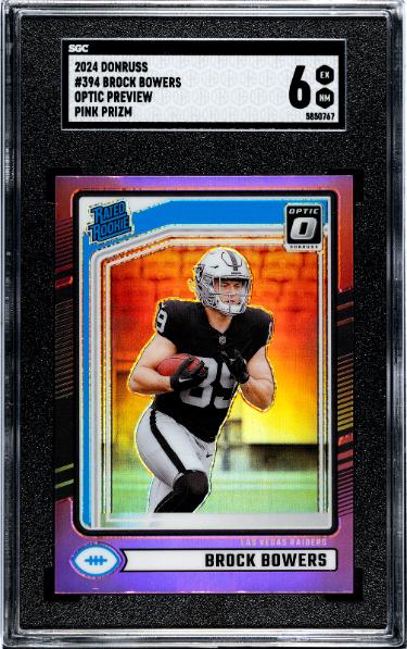 Brock Bowers 2024 Donruss Optic Preview Pink Prizm Rookie Card (RC) #394- SGC Grades 6 EX-NM (Las Vegas Raiders)