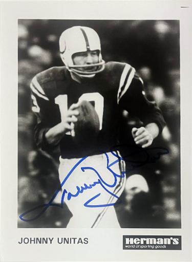 Johnny Unitas signed Herman's Sporting Goods Baltimore Colts 5X7 Photo- COA (HOF)