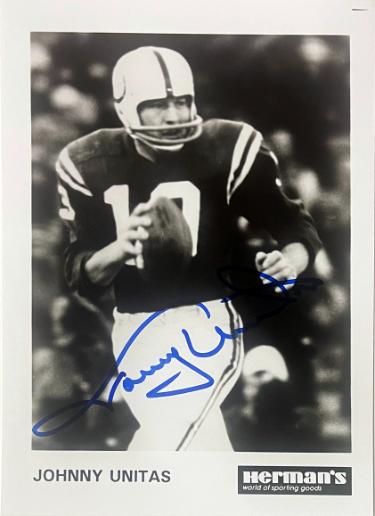 Johnny Unitas signed Herman's Sporting Goods Baltimore Colts 5X7 Photo- COA