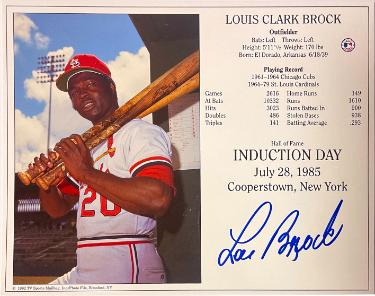 Lou Brock signed St. Louis Cardinals Hall of Fame Induction 8x10 Photo/Card- COA