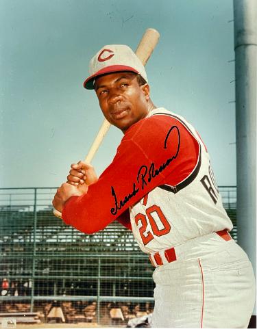 Frank Robinson signed Cincinnati Reds MLB Licensed 8x10 Photo imperfect- COA (HOF/Triple Crown)