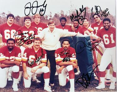 Washington HOGS signed 8x10 Photo 8 Sigs- COA- Jeff Bostic/Mark May/Joe Jacoby/George Starke/Fred Dean/Don Warren/Walker/Saul