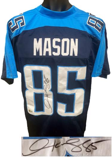 Derrick Mason signed Tennessee TB Navy Custom Stitched Pro Style Football Jersey #85 XL- Beckett Witnessed
