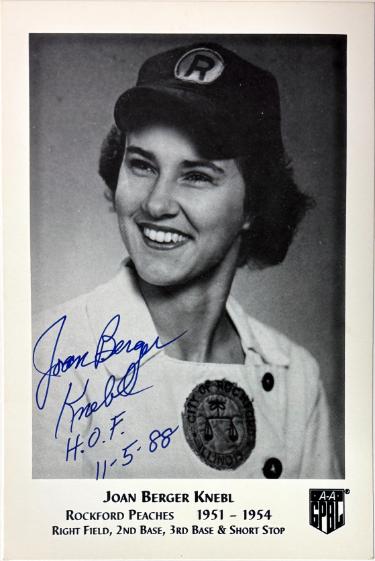 Joan Berger Knebl  signed Rockford Peaches 5x7.5 B&W Photo HOF 11-5-88- COA (AAGPBL)