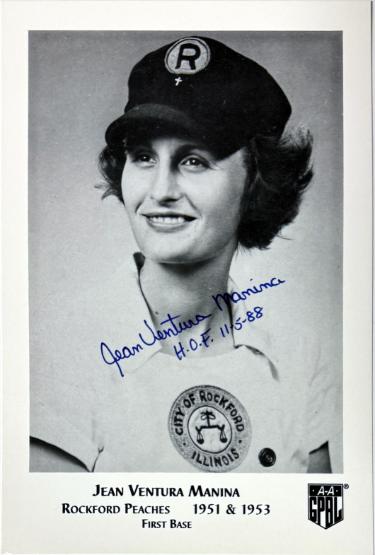 Jean Ventura Manina signed Rockford Peaches 5x7.5 Photo HOF 11-5-88- COA (AAGPBL)