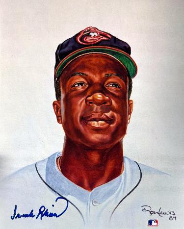 Frank Robinson signed Baltimore Orioles MLB Licensed Ron Lewis 89 8x10 Photo- Tuff Stuff COA (HOF)