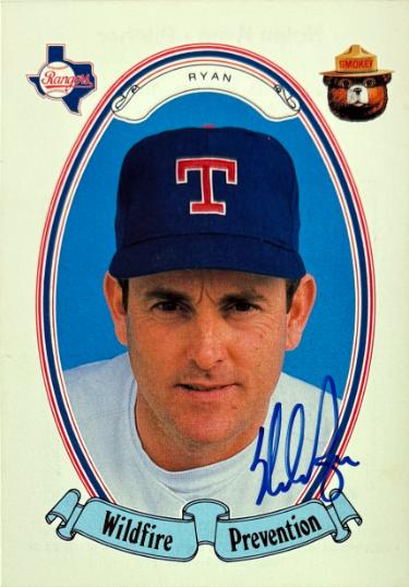 Nolan Ryan signed Texas Rangers 3.5x5 1989 Wildfire Prevention Promo Card- COA