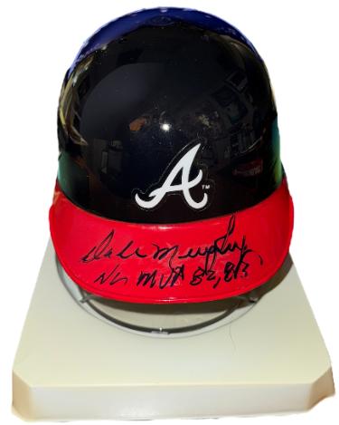 Dale Murphy signed Atlanta Braves Riddell Mini Batting Helmet w/ Stand NL MVP 82, 83 imperfect- COA